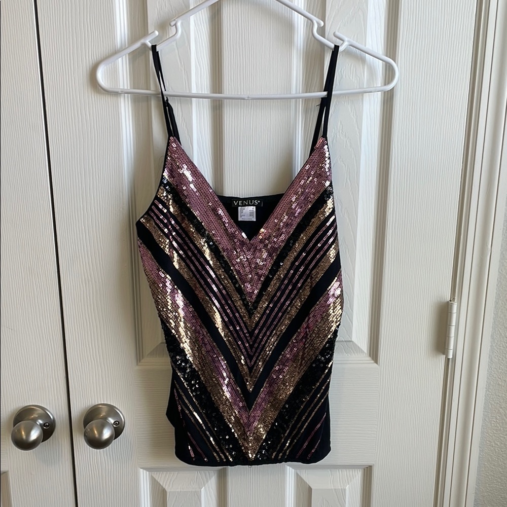 VENUS Women's Sequin Striped Top - Black and Pink